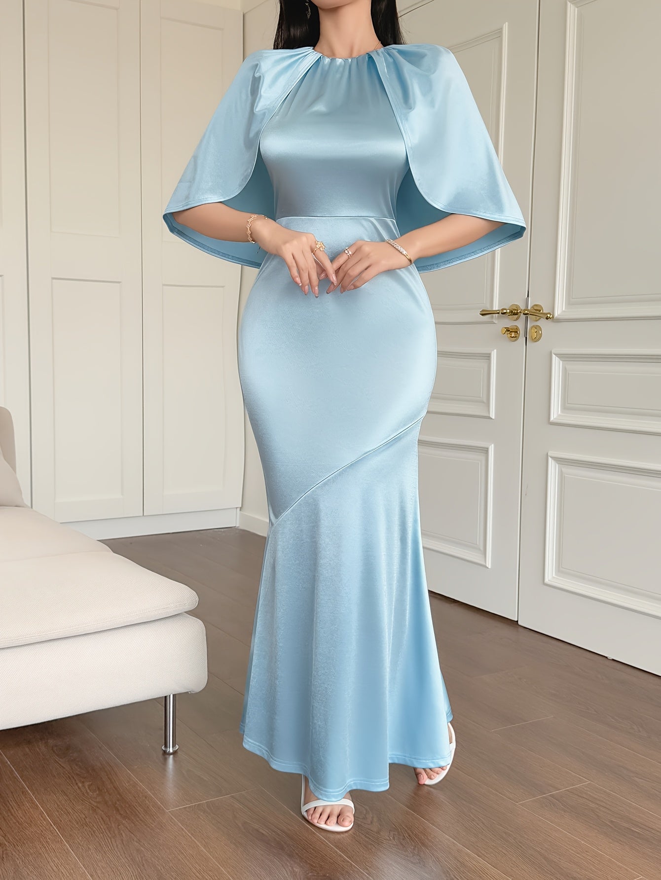 2025 Spring Summer Women's Elegant Mermaid Evening Gown - Long Sleeve Small Round Neck Solid Color Party Dress with Zipper Back, Machine Washable for Birthdays & Formal Events, Birthday Outfit | Elegant Mermaid Dress | Smooth